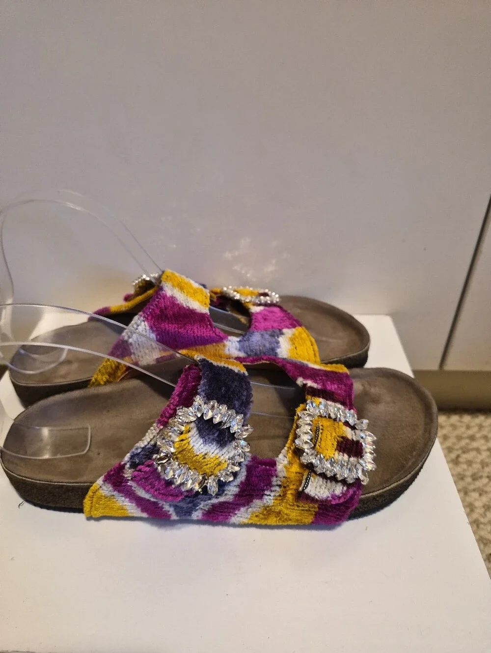 Baldiz Silk Velvet Ikat Double Rhinestone Buckle Slide SandalsSz.7/ EU 37 $245